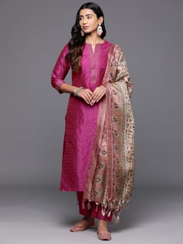 Image of Varanga Women Embroidered Straight Kurta Pant Set with Dupatta | Silk Blend Fabric | 3 /4 Sleeve Round Neck | Lightweight Comfortable Summer Wear