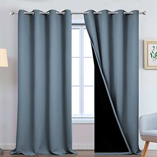 Image of Yakamok 100% Blackout Lined Panels, Room Darkening Thermal Insulated Blackout Curtains for Bedroom, Heat Blocking Drapes for Living Room(52Wx108L, Stone Blue, 2 Panels)
