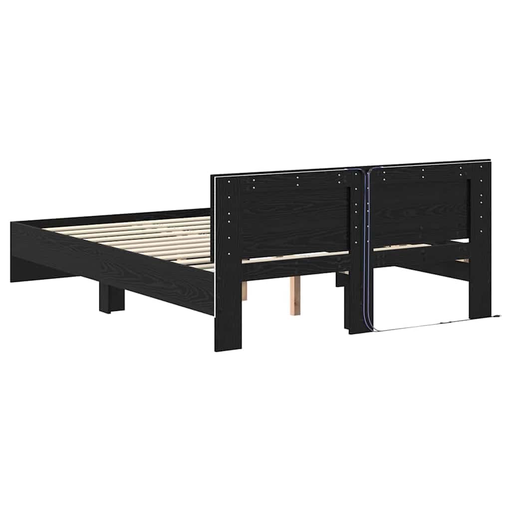 Estructura de cama LED de roble negro, 120 x 190 cm, con luces que cambian de color, diseño moderno y estable de madera para jóvenes y habitaciones de invitados
