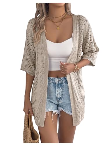 OYOANGLE Women's Short Sleeve Crochet Cardigan Sweater Lightweight Open Front Boho Kimono Outerwear