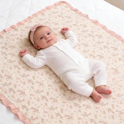 Image of Organic Baby Blanket Flounce Edge Large 50 inchx43 inch Floral, 100% Muslin Cotton Super Soft Breathable Toddler Quilt Crib Blankets Gender Neutral for Baby Boys and Girls Bassinet, Bed, Stroller & Snuggling