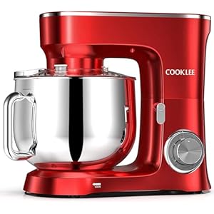 COOKLEE Stand Mixer, 9.5 Qt. 660W 10-Speed Electric Kitchen Mixer with Dishwasher-Safe Dough Hooks, Flat Beaters, Wire Whip & Pouring Shield Attachments for Most Home Cooks, SM-1551, Ruby Red