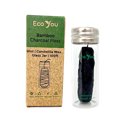 Charcoal Bamboo Floss | 1 Natural Floss Refill with Glass Container | Organic Mint & Candelilla Wax | Vegan & Biodegradable
