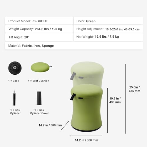 Image of Happybuy Wobble Chair, Height-Adjustable (19.3-25 inch) with Fabric Cover, Flexible Wobble Stool, Iron & Sponge Construction, 20 Tilt Angle, Ideal for School, Office & Home, Ages 12-18, Green