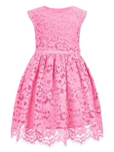 ALLOVIN Girls & Toddlers Sleeveless A-Line Lace Party Dress Birthday Wedding & Flower Girl Dress with Beaded Bowknot | Rose Pink | 8-9Y