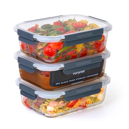 VonShef Boîtes Alimentaires en Verre- Lot de 3 Boîtes Repas 1500ml, Couvercles Hermétiques et Sans BPA, Idéales pour Meal Prep, Empilables, Compatibles...