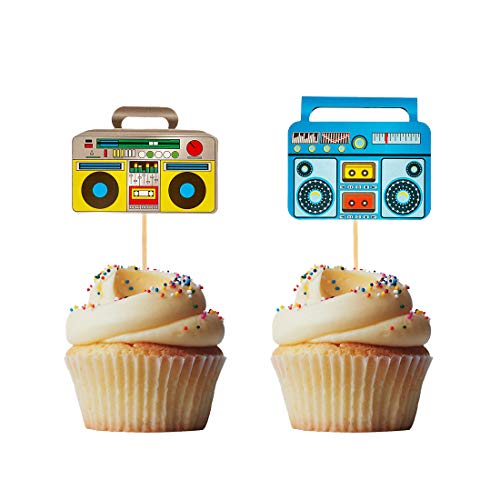 Morndew 24 PCS Radio Boom Box Cupcake Toppers for Nostalgic Ball Music Theme