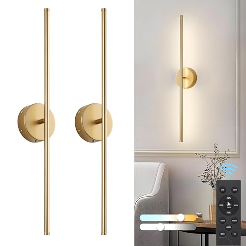 CyperEver Battery Operated Wall Sconces with Remote Control,Wall Sconces Set of 2,3000K-6000K LED Wireless Wall Light for Bedroom, Hallway, Wall, 360°Rotate,28.3 Inch, 2 Pack Gold Round Base