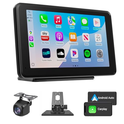 Wireless CarPlay & Android Auto Car Stereo - 7 HD Portable Touchscreen with Bluetooth 5.2 GPS Navigation Mirror Link 1080P Backup Camera AUX & FM Transmitter - Plug & Play Receiver for Vehicles