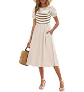 Zattcas Womens 2025 Summer Casual Ribbed Midi Dress Crewneck Short Puff Sleeve Striped Fit and Fl...