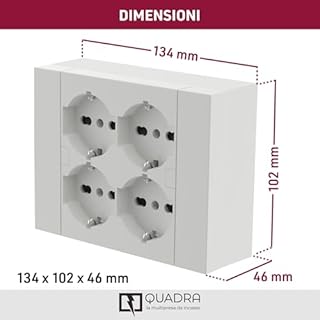 Electraline 22016 Multipresa da parete Quadra 4 Posti Universali, con scatola di supporto per installazioni superficiali, compatibile con tutte le scatole da incasso 3 posti (muratura o cartongesso)