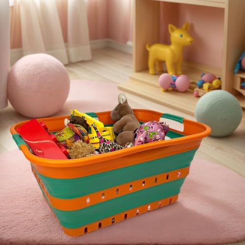 Image of SAMMART 42L (11 gallons) Set of 2 Plastic Foldable Storage Basket /Container - Collapsible, Space Saving and Portable Laundry Hamper, Ideal for Home, Travel, Dorm (2, Autumn Leaf /Forest Green)
