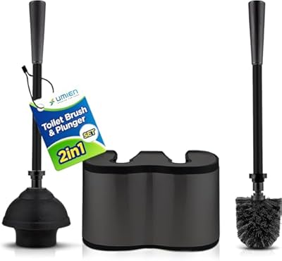 UMIEN Toilet Brush and Plunger Set 18-in - Updated 2025 No-Rust - Stainless Steel Design - Long Handles - with Freestanding Canister (Matte Black)