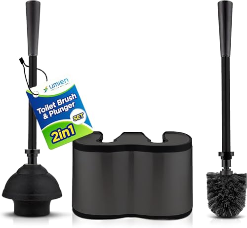 Image of UMIEN Toilet Brush and Plunger Set 18-in - Updated 2025 No-Rust - Stainless Steel Design - Long Handles - with Freestanding Canister (Matte Black)