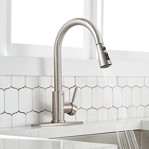 Vapsint High Arc Single Handle Brushed Nickel Kitchen Faucet With Pull Down Sprayer,Commercial Modern Stainless Steel Kitchen Sink Faucet,Deck Mount Single Hole Pull Out Faucet For Kitchen Sink #TOP2