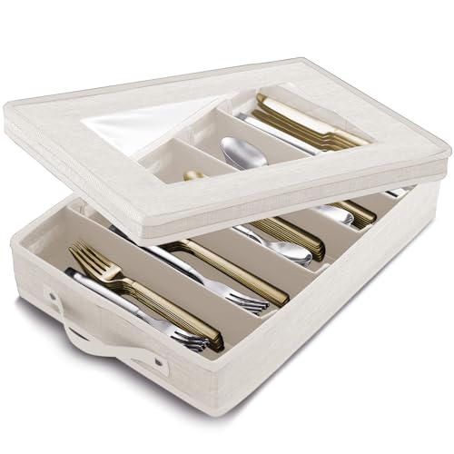 Flatware & Utensil Storage, Durable Silverware Storage Box with Padded Dividers, 5 Compartment Flatware Storage Case, Silverware Case with Handles, Protects and Organizes Cutlery, Cream