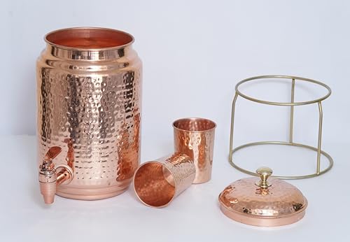 Image of Pure Copper Water Dispenser with Stand & 2 Glasses (5 Litre) | Hammered Copper Water Pot Matka with Leak-Proof Tap | Ayurvedic Copper Tank for Drinking Water, Rustproof & BPA Free