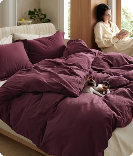 Image of Bedsure 100% Washed Cotton Duvet Cover Queen Size - Burgundy Minimalist Bedding Set Linen Like - PureWoven Plain Simple & Soft Comforter Cover for All Seasons (Burgundy, Queen, 90 inchx90 inch)