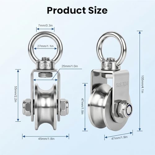 Image of Serplex 304 Stainless Steel Swivel Pulley, Heavy Duty U-Shaped Groove Single Pulley Block with 360 Rotating Eye Bolt, 3-10mm Wire Rope Cable Pulleys for Lifting, Rigging, Garage, Loading 1102 lbs