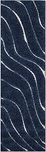 Image of (Pack of 2 Abstract Wavy Design Shaggy Carpet for Living Room, Bedroom, High Low Design Finish Microfiber 1.8 Inch Pile High, 2x6 Feet Runner Dark Blue|Cream Color