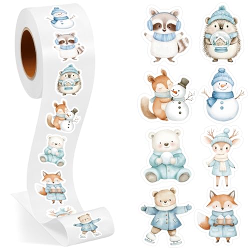Qeeenar 500 Pcs Winter Animals Stickers Roll, Reward Decals for Kids