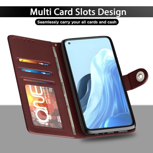 Image of Pikkme Flip Cover Leather Finish | Inside TPU with Card Pockets | Wallet Stand and Shock Proof | Complete Protection Button Flip Case for Oppo Reno 7 5G (Brown)