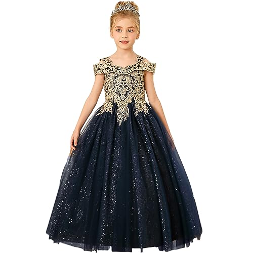 Formal Girls Tulle Long Pageant Dresses Prom Ball Gown Gold Lace Beaded2