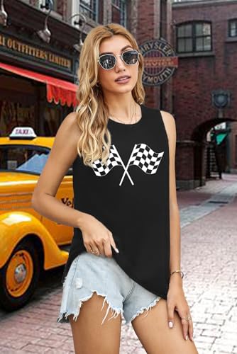 Racing Tank Tops for Women: Checkered Flag Graphic Car Shirt Race Lover Sleeveless Shirts Summer Race Day Vest3