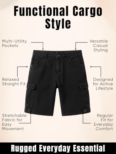 Image of GRECIILOOKS Denim Cargo Shorts for Men Stylish | Washed Jeans Half Pant for Men | Knee Length Cargo Shorts for Mens | Regular Fit Mens Pant Casual, Utility Streetwear Jorts, Travel Summer Wear