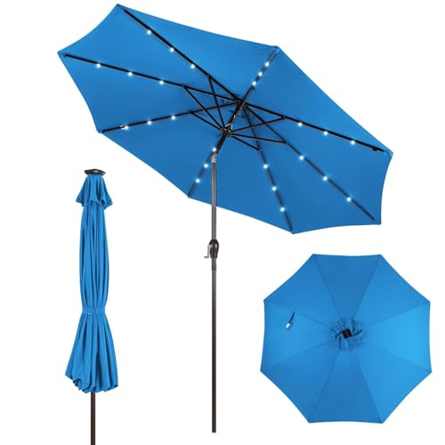 KOMFOTTEU Sombrilla Terraza Exterior Ø300cm con LED, Parasol Inclinable Plegable, Sombrilla de Jardín con Manivela y 8 Varillas, Sombrilla de Terraza con Protección Solar (Azul)