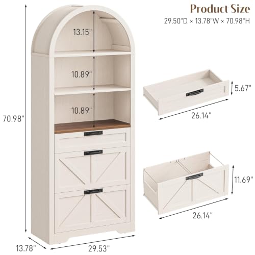Image of Vabches 71 inch Tall Arched Bookcase with File Cabinet Drawers, Rustic White | Farmhouse Freestanding Wooden Bookshelf, 3-Tier Large Open Display Storage Shelves for Home Office Living Room