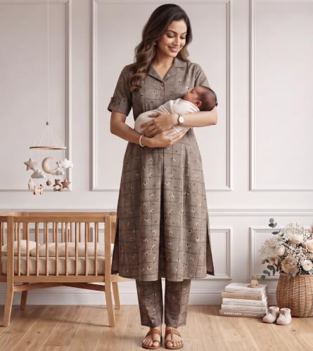 Image of DUMMY SHAPE Feeding Dresses for Women Full Set | Cotton Blend Maternity Kurta Pant Suit with Dual Nursing Zippers, Side Pocket to Pre & Post Pregnancy | Mom to Be Gifts