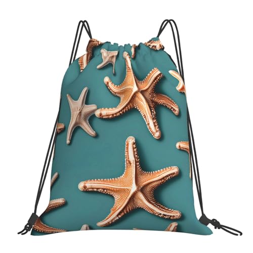 Sea Shell Starfish Print Drawstring Bags Gym Bag - Lightweight Foldable - Sports, Travel, Yoga, Beach, Hiking, Picnics, Outdoor