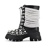 KISTANIA Women's Chunky Heel Platform Ankle Boots with Rhinestone Pearls Buckle Chains Goth Black Platform Combat Booties Lace-Up Round Toe Fashion Party Dressy Size 7