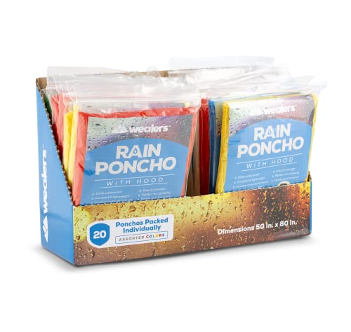 Wealers Rain Ponchos For Adults Teens Disposable Bulk Pack Emergency Raincoat Parks Outdoors Multi Colors Waterproof (Assorted, Case Of 20) #TOP4