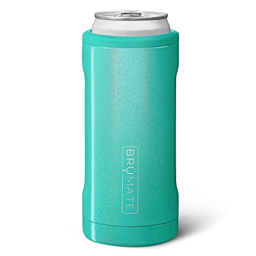 Image of BruMate Hopsulator Slim Can Cooler Insulated for 12oz Slim Cans | Skinny Can Insulated Stainless Steel Drink Holder for Hard Seltzer, Beer, Soda, and Energy Drinks (Glitter Peacock)