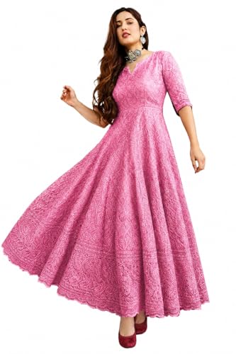 Image of LookMark Women's Chikankari Embroidered Ethnic Gown, Ankle Length Flared Dress, 3 /4 Sleeves, Traditional Indian Wear
