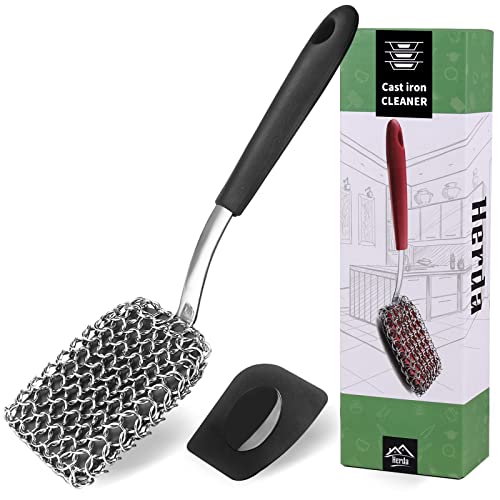 Kit de limpieza de hierro fundido, limpiador de malla de cadena + raspador de sartén, mango largo, cepillo de cadena de acero 316 para limpiar sartén, sartén, parrilla, parrilla, cepillo de metal para