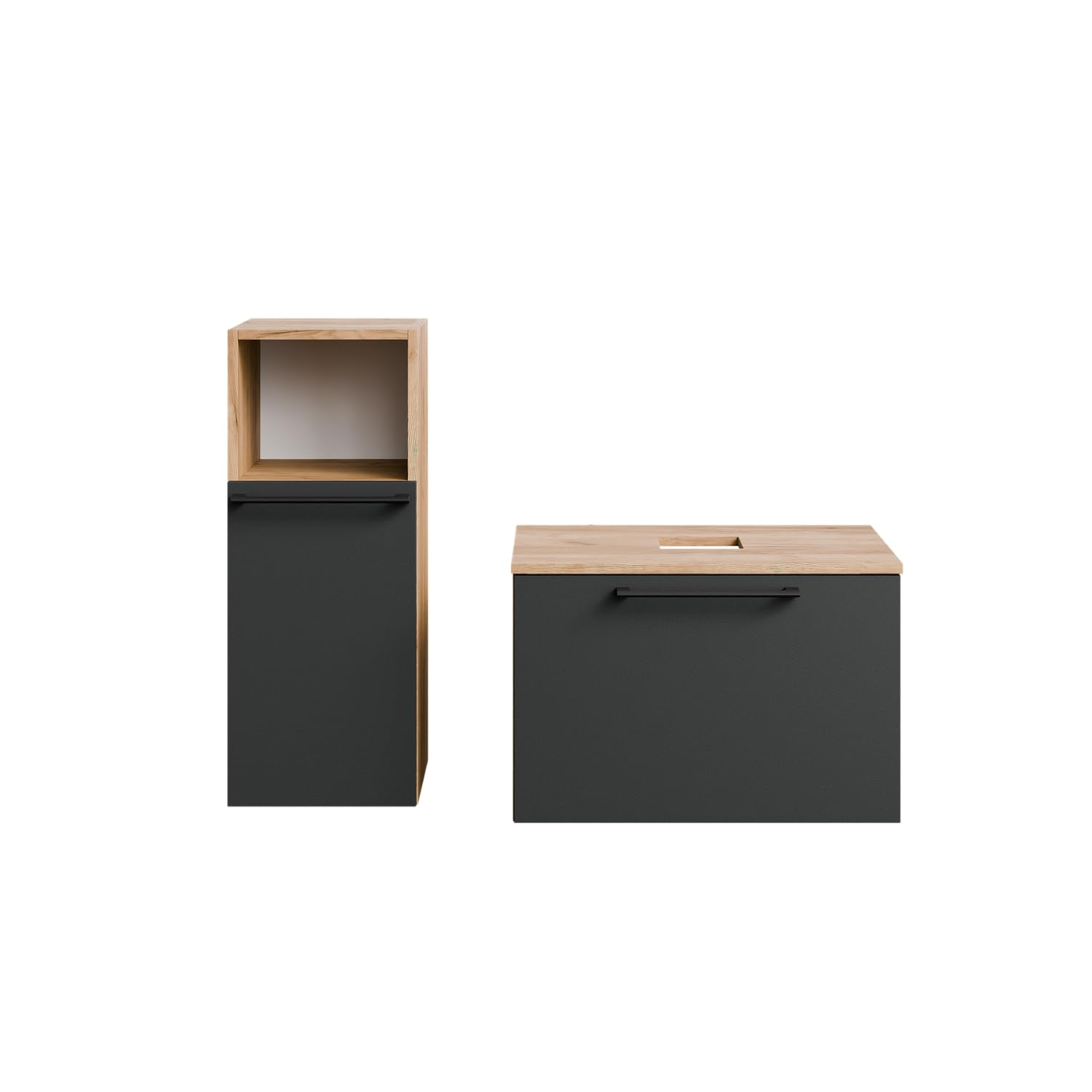 Planetmöbel Astra Ensemble Meuble Salle de Bain avec Meuble sous lavabo 60 cm, 1 Armoire Moyenne chêne doré Anthracite, sans Vasque à Poser