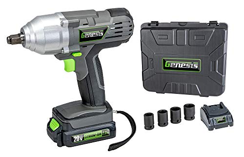 Genesis GLIW20AK 20V Lithium-Ion Impact Wrench Kit with Built-in LED Work Light, Removable/Rechargeable Lithium-Ion Battery, 1-Hour Quick Charger, 4-Piece Socket Set, and Storage Case