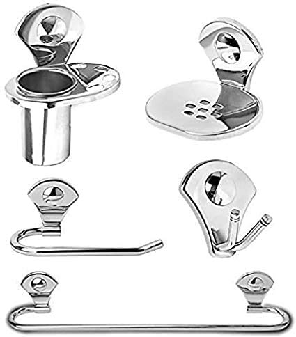 CAPITAL Stainless Steel Bathroom Accessories Combo of 5 (Robe Hook, Shop Dish, Tumbler Holder, Towel Holder, Towel Rod Silver)