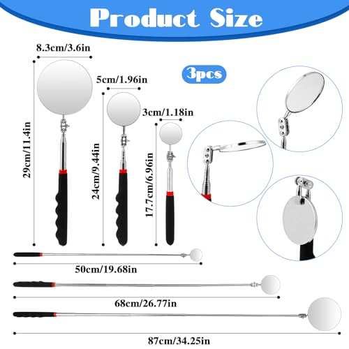 3Pcs Telescoping Inspection Mirror, Flexible Circular Inspection Mirror 360 Rotation with Extended Handle Round Inspection Mirrors for Checking Vehicle Condition(Dia-1/2/3 Inch)
