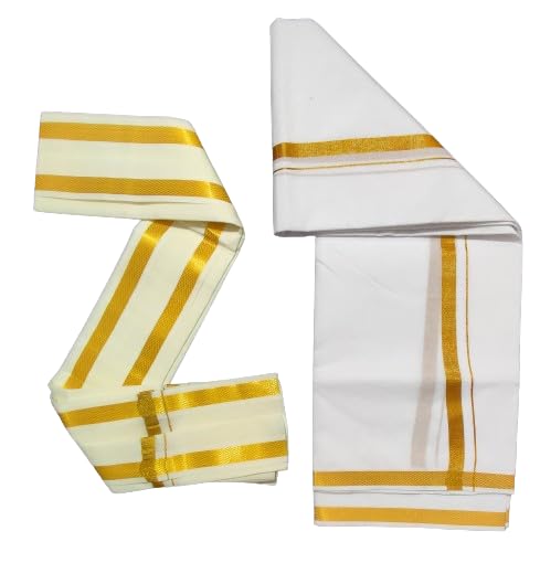 Image of 2 Meters Men's Silk cotton Zari Big Border Dhoti /lungi /vesti with Angavastram /gamcha towel /white RJ1