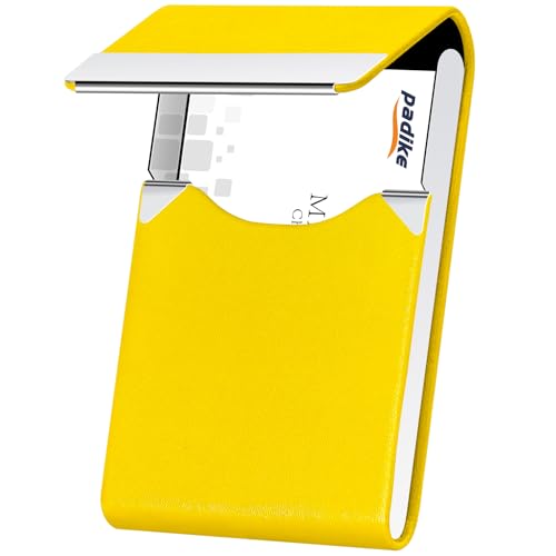 Image of Padike Professional Business Card Holder PU Leather Business Card Case Name Card Holder Slim Metal Pocket Card Holder with Magnetic Shut (Y-Yellow)