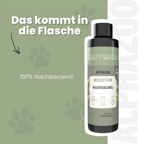alphazoo Premium Nachtkerzenöl für Katzen 100 ml – Natürliches, kaltgepresstes Futteröl mit Omega‑6 & Omega‑9 – Unterstützt Haut & Fell – Deutsche Premium‑Qualität