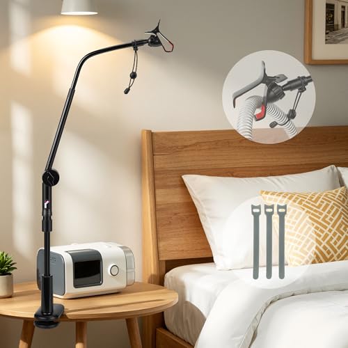 Image of CPAP Hose Holder for Bed, 360 Adjustable CPAP Stand Bedside with No-Drill C-Clamp, Knob-Control CPAP Hose Hanger & Lift, Metal CPAP Tube Holder with Mask Hook and Hose Straps (Black)