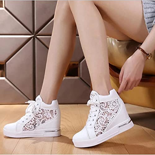 High Heeld Wedge Sneakers for Women, Ladies Hidden Heel Sneakers Dressy Lace Up Shoes High Top Sneakers Fashion Canvas Shoes Breathable Mesh Casual Platform Sneakers (A-White, 7)2