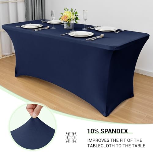 Image of Obstal 4Ft Stretch Spandex Table Cover for Standard Folding Tables - 2 Pack Universal Rectangular Fitted Tablecloth for Party, Banquet, Events, Trade Show (Navy Blue, 48L x 24W x 30H Inches)