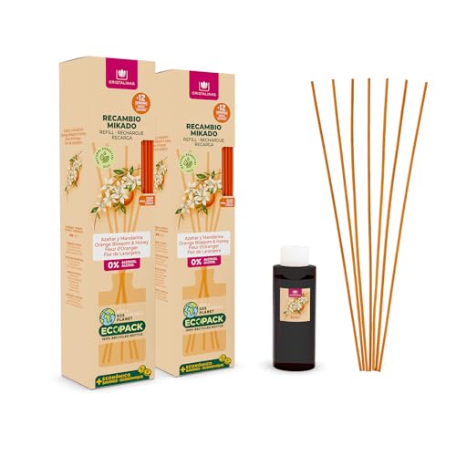 CRISTALINAS | Pack 2 Recambio Ambientador Hogar Mikado + Cañas | Aroma Azahar y Mandarina | Ideal para casa y oficina | 100% Puro | Larga Duración 12 Semanas | 2x85ml | 0% Alcohol