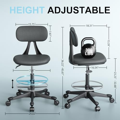 Image of Drafting Chair with Auto-Lock Gravity Wheel,Height Adjustable Standing Desk Chair,Tall Drafting Stool,with Back Support & Foot Rest,No Arms,for Studio,Lab,Office or Home